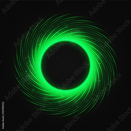 Green light circle with sparkles. A green flash flies in a circle in a luminous ring. Abstract glittering swirl.