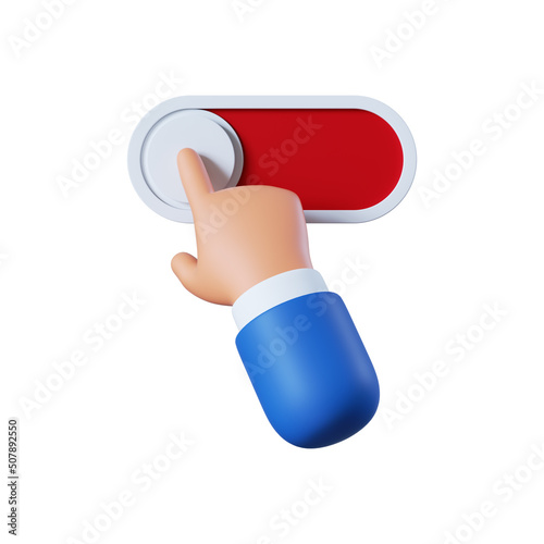 3d render, cartoon character hand touches slider button, slide bar, switcher icon isolated on white background