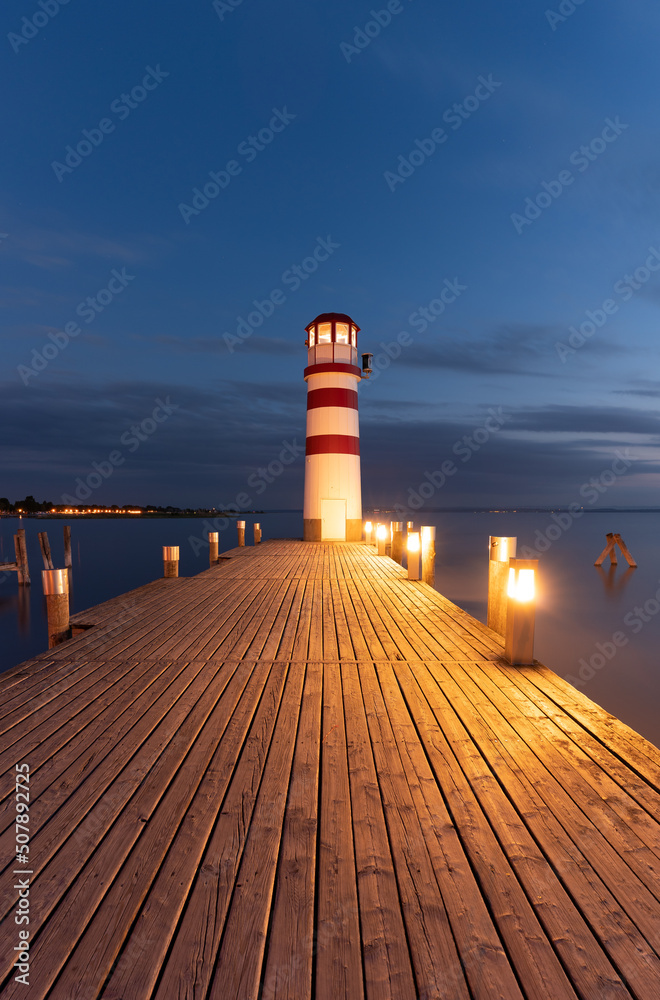 Lighthouse at Lake Neusiedl, Podersdorf am See, Austria. Lighthouse after sunset