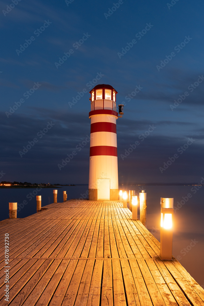 Lighthouse at Lake Neusiedl, Podersdorf am See, Austria. Lighthouse after sunset