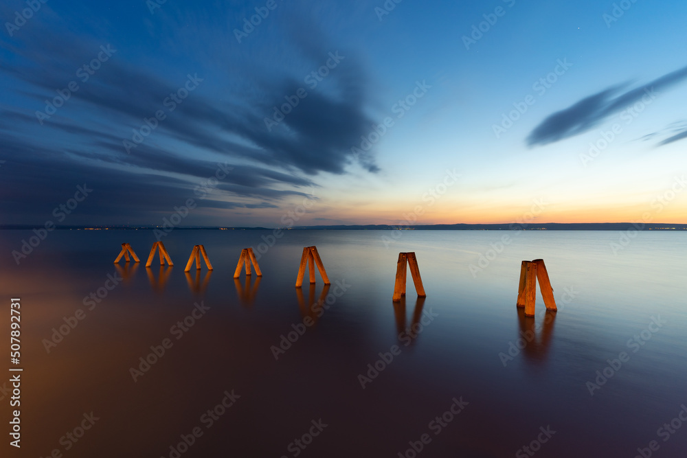 Lighthouse at Lake Neusiedl, Podersdorf am See, Austria. Lighthouse after sunset