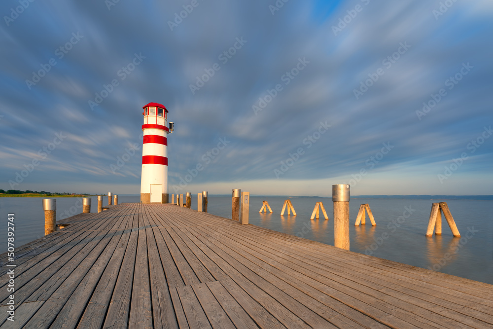 Lighthouse at Lake Neusiedl, Podersdorf am See, Austria. Lighthouse sunrise