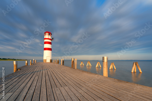 Obraz na płótnie Lighthouse at Lake Neusiedl, Podersdorf am See, Austria. Lighthouse sunrise w salonie