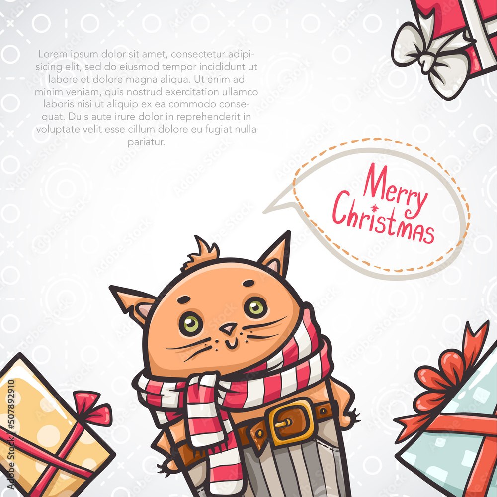 Merry Christmas and Happy New Year postcard with gift boxes and cat