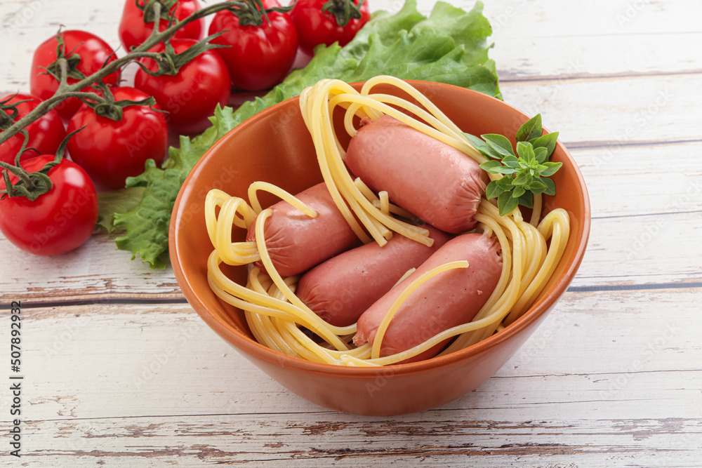 Mini sausages with pasta spaghetti Mini sausages with pasta spaghetti