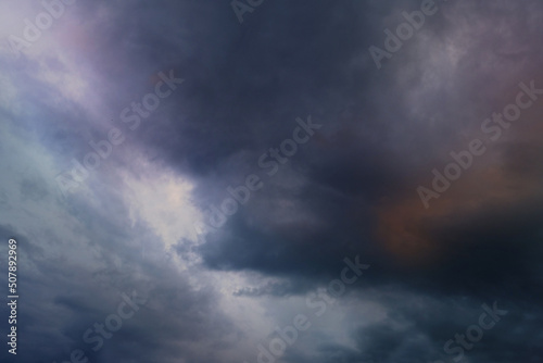 picturesque, dramatic stormy sky with dark clouds, approaching thunderstorm. Concept on theme of Severe Weather, natural disasters, hurricane, typhoon, tornado, storm, natural basis for designer