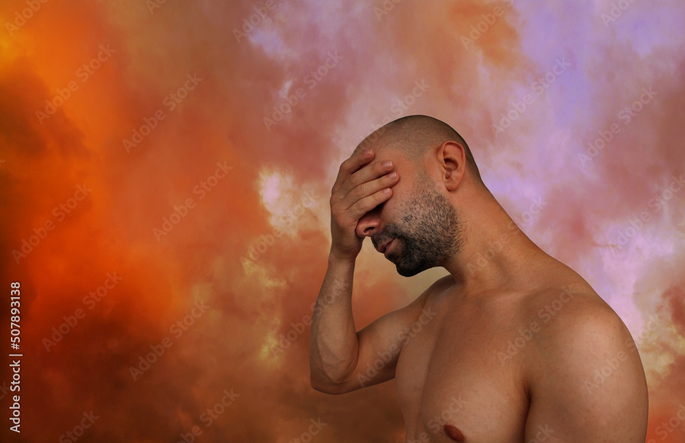 Fototapeta premium blurred background, orange sky with dark clouds, heat wave concept, global warming problem, natural disasters, physical well-being of people, meteorological dependence