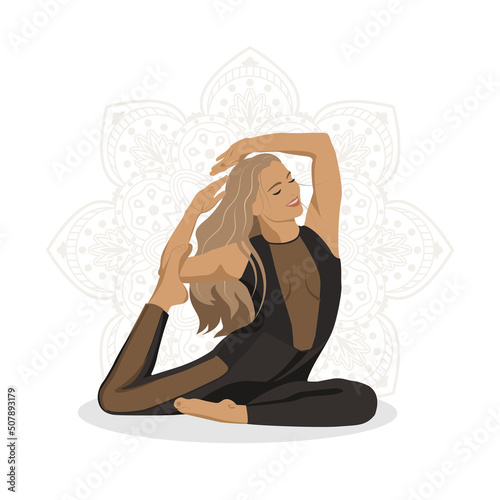 girl doing yoga in a black suit flat style