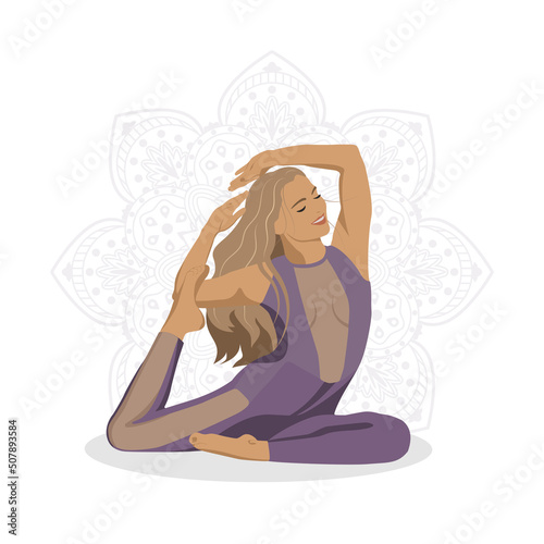 girl doing yoga in a violet suit flat style