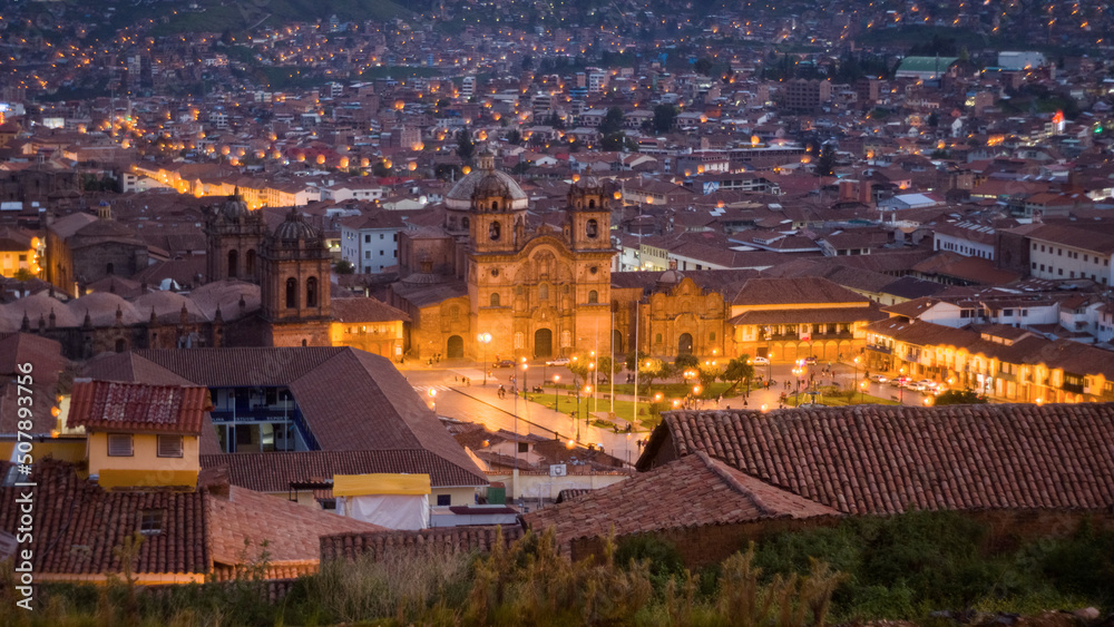 Main plaza of cusco and cathedral during evening - Peru