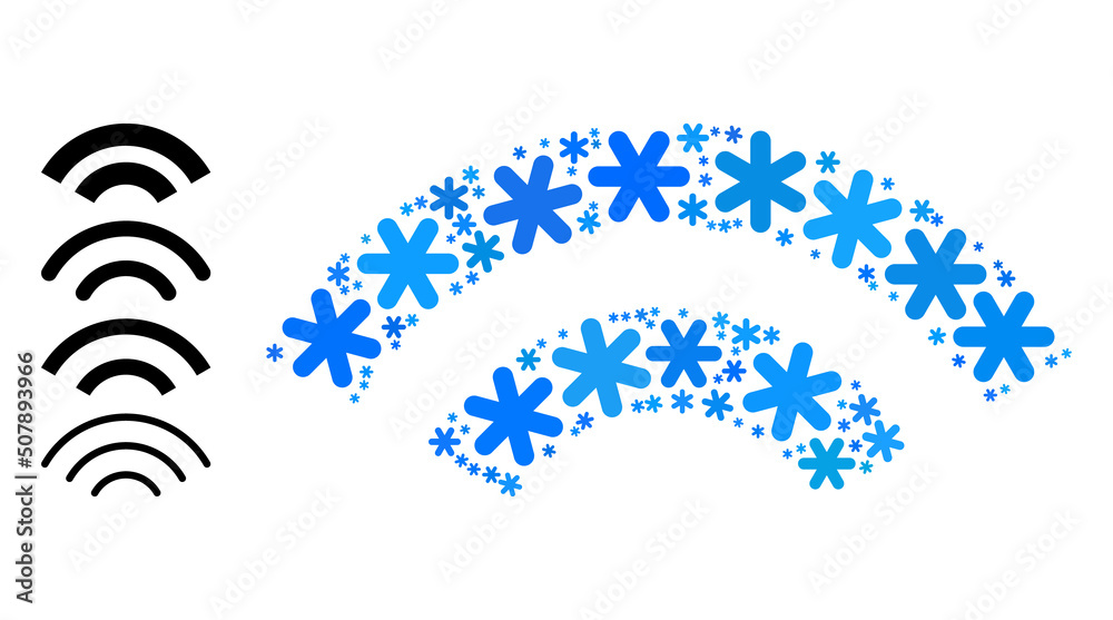 Obraz premium Mosaic WiFi waves icon is done for winter, New Year, Christmas. WiFi waves icon mosaic is done from light blue snowflakes. Some bonus icons are added.