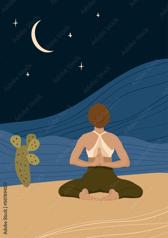 Yoga poster. Woman doing yoga in the night desert. Faceless style.  Healthy lifestyle. Meditation.