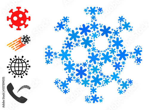 Mosaic virus icon is designed for winter, New Year, Christmas. Virus icon mosaic is formed from light blue snowflakes. Some similar icons are added.