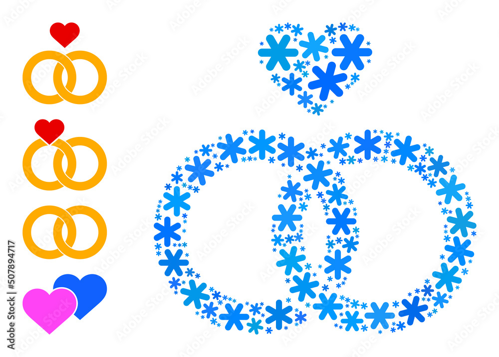 Fototapeta premium Mosaic wedding rings icon is created for winter, New Year, Christmas. Wedding rings icon mosaic is designed of light blue snow. Some similar icons are added.
