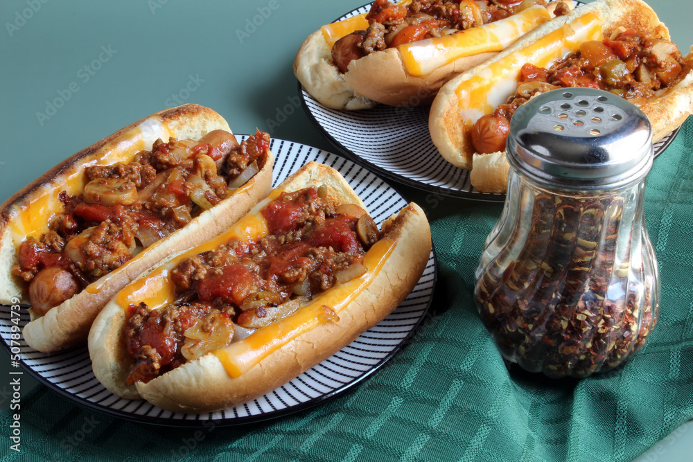 Chili Cheese Dogs hot dogs on toasted cheese buns smothered with chili