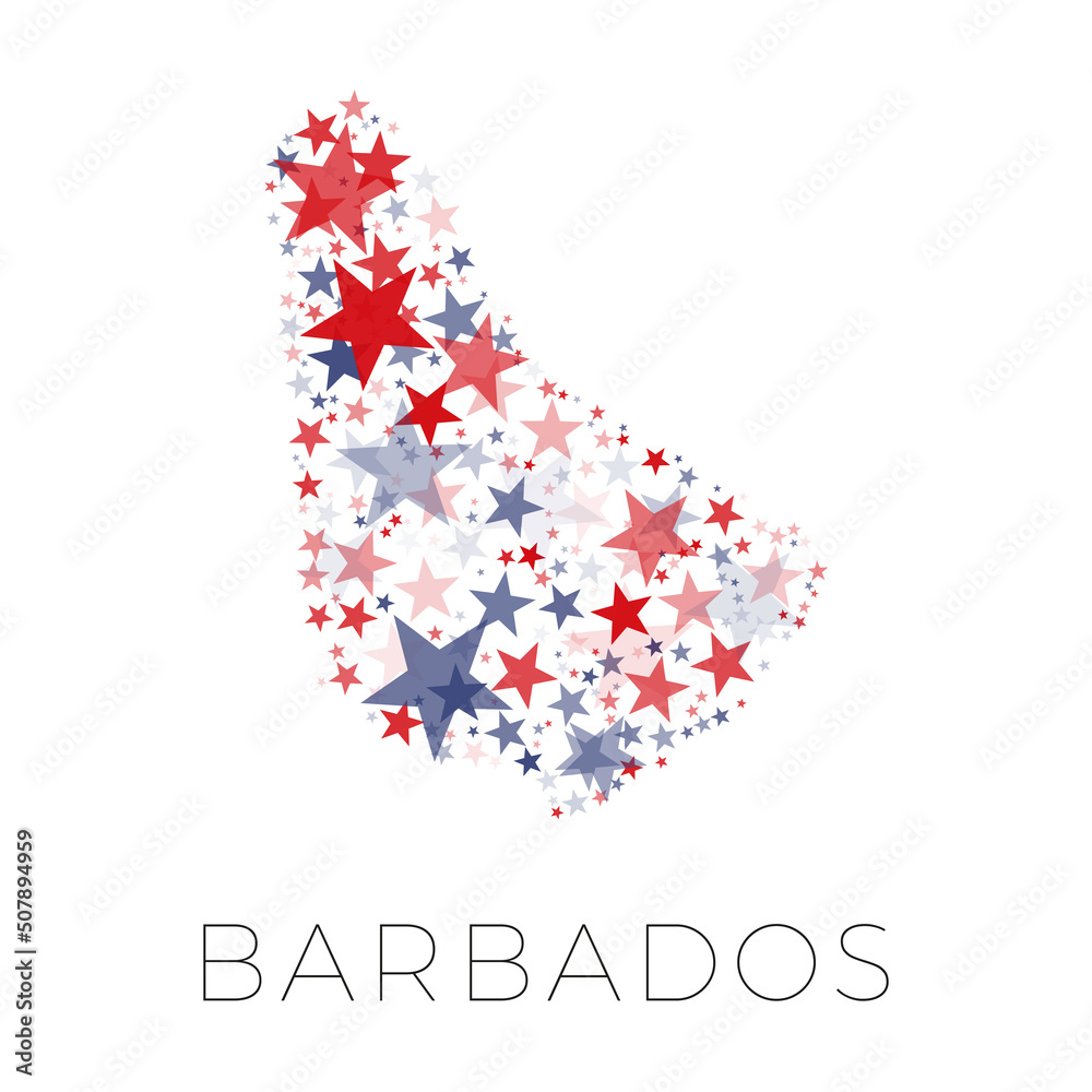 Fototapeta premium Map of BARBADOS country filled with red and blue stars with random sizes and opacity on a white background. Abstract travel concept sign