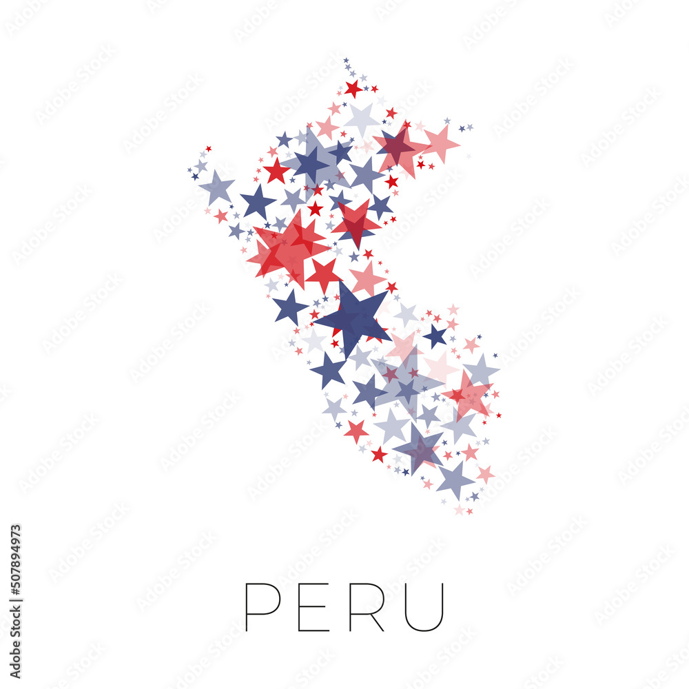 Map of Peru country filled with red and blue stars with random sizes and opacity on a white background. Abstract travel concept sign Map of Peru country filled with red and blue stars with random sizes and opacity on a white background. Abstract travel concept sign