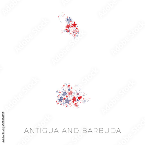Map of ANTIGUA AND BARBUDA country filled with red and blue stars with random sizes and opacity on a white background. Abstract travel concept sign