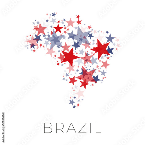 Map of Brazil country filled with red and blue stars with random sizes and opacity on a white background. Abstract travel concept sign