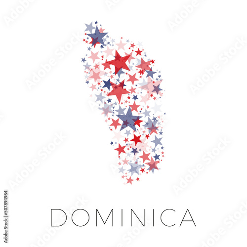 Map of DOMINICA country filled with red and blue stars with random sizes and opacity on a white background. Abstract travel concept sign