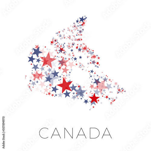 Map of Canada country filled with red and blue stars with random sizes and opacity on a white background. Abstract travel concept sign