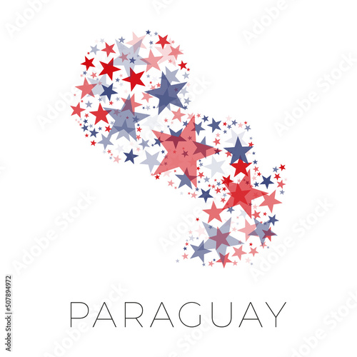 Map of Paraguay country filled with red and blue stars with random sizes and opacity on a white background. Abstract travel concept sign