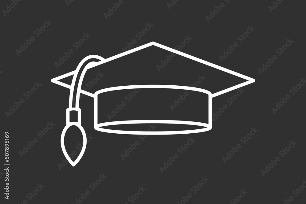 Square academic cap, graduation hat line icon, white sign, vector illustration Square academic cap, graduation hat line icon, white sign, vector illustration
