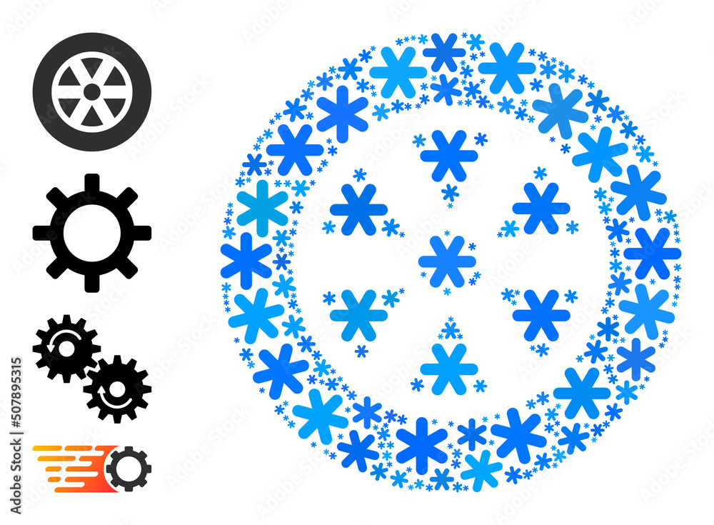 Composition wheel icon is organized for winter, New Year, Christmas. Wheel icon mosaic is organized of light blue ice crystals. Some bonus icons are added. Composition wheel icon is organized for winter, New Year, Christmas. Wheel icon mosaic is organized of light blue ice crystals. Some bonus icons are added.