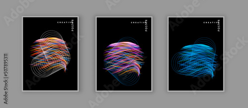 Bright multi-colored neon lines on a black background. Background line art patterns. Vector template brochures, flyers, presentations, leaflet, magazine a4 size