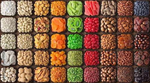 Fototapeta Naklejka Na Ścianę i Meble -  colorful dried fruits with berries, assorted nuts and seeds. Healthy food background.