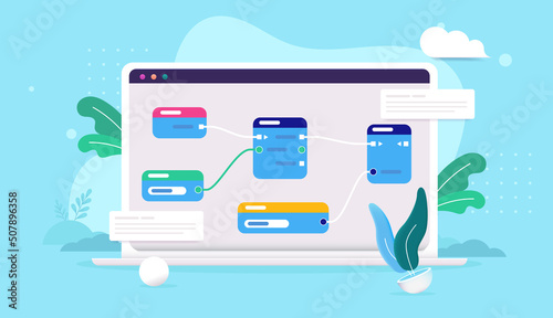 Visual scripting with nodes - Laptop computer with visual programming on screen and blue background. Vector illustration