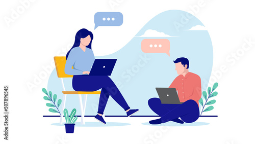 Two people working - Man and woman with laptops relaxing, doing work and talking. Flat design vector illustration with white background