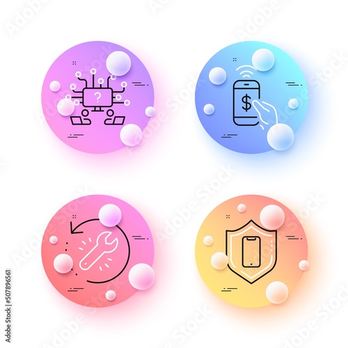 Phone payment, Recovery tool and Smartphone protection minimal line icons. 3d spheres or balls buttons. Teamwork question icons. For web, application, printing. Mobile pay, Backup info, Phone. Vector