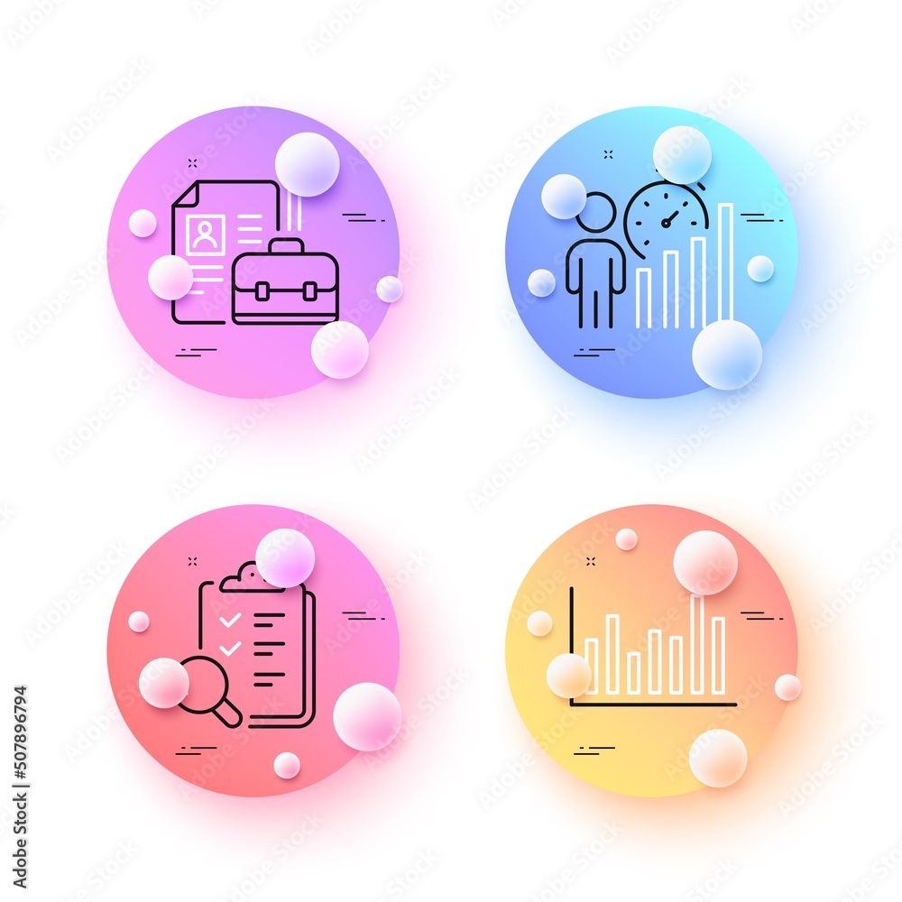 Vacancy, Bar diagram and Inspect minimal line icons. 3d spheres or balls buttons. Business statistics icons. For web, application, printing. Hiring job, Statistics infochart, Research list. Vector