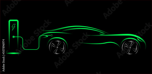 Modern electric car silhouette  side view. electric vehicle  hybrid car  green neon electric car silhouette for logo  banner for marketing advertising design. EPS 10 vector illustration