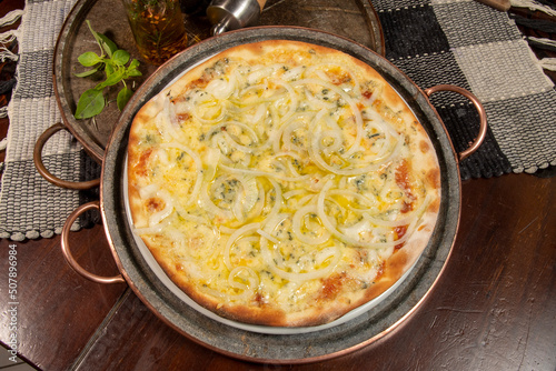 Brazilian style pizza with mozzarella, cheese, onion