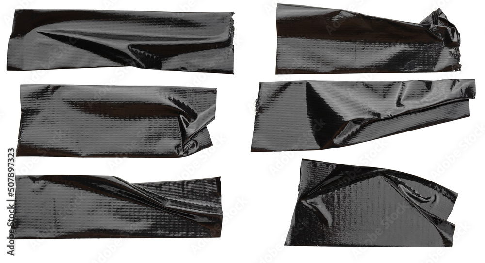 Torn horizontal and different size black glossy sticky tape, sticky pieces isolated on white background. Set of black tapes. Torn horizontal and different size black glossy sticky tape, sticky pieces isolated on white background. Set of black tapes.