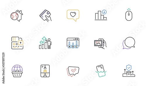 Decreasing graph, Approved and Swipe up line icons for website, printing. Collection of Image album, Security agency, Survey results icons. Work home, Crane claw machine. Vector