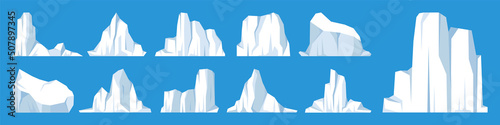 Floating icebergs collection. Drifting arctic glacier, block of frozen ocean water. Icy mountains with snow. Melting ice peak. Antarctic snowy landscape. South and North Pole. Vector illustration.