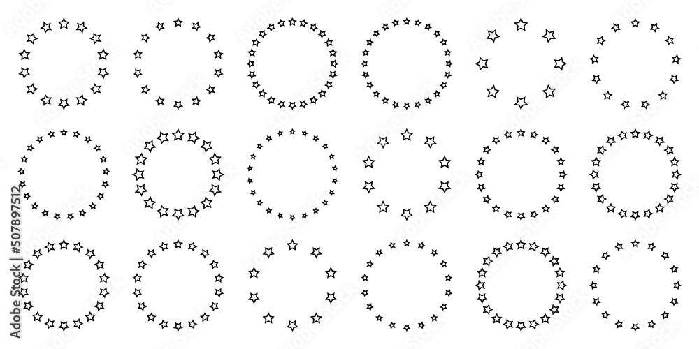 Stars of various sizes arranged in a circle. Round frame, border. Black star outline, simple symbol. Design element, ornament. Line art. Vector illustration Stars of various sizes arranged in a circle. Round frame, border. Black star outline, simple symbol. Design element, ornament. Line art. Vector illustration