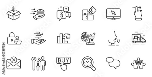 Outline set of Fingerprint research, Reject mail and Buying line icons for web application. Talk, information, delivery truck outline icon. Include Food delivery, Decreasing graph, Lock icons. Vector