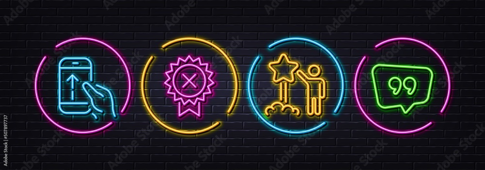 Reject medal, Star and Swipe up minimal line icons. Neon laser 3d lights.  Quote bubble icons. For web, application, printing. Award rejection, Launch  rating, Scrolling screen. Chat comment. Vector Stock Vector