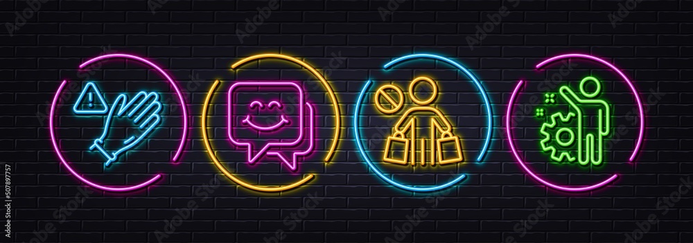 Stop shopping, Use gloves and Smile face minimal line icons. Neon laser 3d lights. Employee icons. For web, application, printing. No buying, Gloves alert, Chat. Cogwheel. Neon lights buttons. Vector