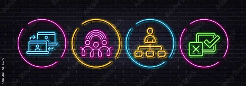 Management, Outsource work and Inclusion minimal line icons. Neon laser 3d lights. Checkbox icons. For web, application, printing. Agent, Remote job, Equity rainbow. Survey choice. Vector