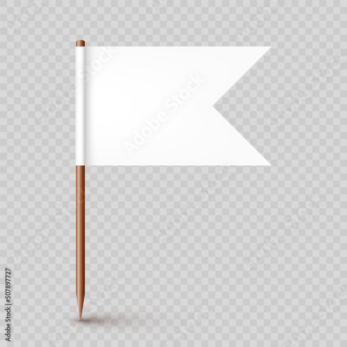 Realistic wooden toothpick with white paper flag. Location mark, map pointer. Blank mockup for advertising and promotions. Vector illustration