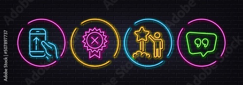 Reject medal, Star and Swipe up minimal line icons. Neon laser 3d lights. Quote bubble icons. For web, application, printing. Award rejection, Launch rating, Scrolling screen. Chat comment. Vector photo