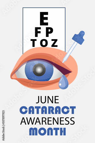 Cataract awareness month is celebrated in June. Glaucoma disease and nephropathy problems. Ophthalmologist, oculist concept illustration.