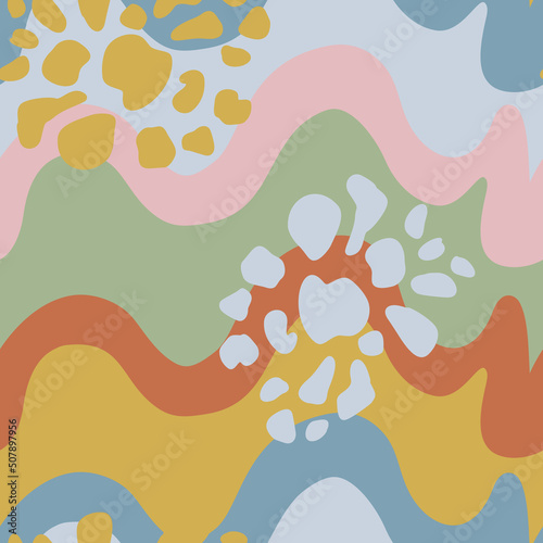 Hand drawn doodle abstract colorful retro 70s shapes seamless pattern