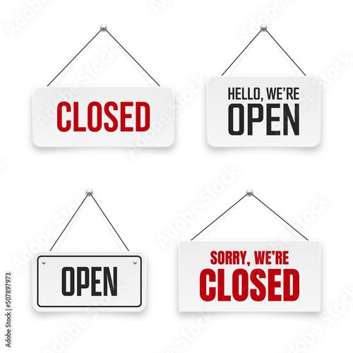 Realistic open or closed hanging signboards. Vintage door sign for cafe, restaurant, bar or retail store. Announcement banner, information signage for business or service. Vector illustration