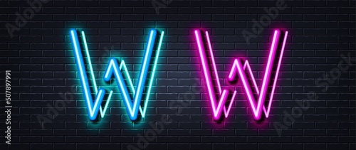 Initial letter W icon. Neon light line effect. Line typography character sign. Large first font letter. Glowing neon light element. Letter W glow 3d line. Brick wall banner. Vector